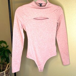 Express Size XS Pink Body Suit with Clavicle Cut-Out Long Sleeve Thong Y2K